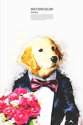 PSD 동물 한마리 꽃다발 일러스트 수채화 정장 사람없음 골든리트리버 강아지 번짐 국내일러스트 1 옷 꽃 반려동물 개 리트리버 파일형식 효과