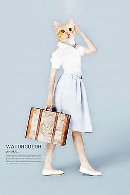 PSD 한마리 일러스트 수채화 들기 사람없음 여행가방 고양이 국내일러스트 1 가방 포유류 모션 반려동물 파일형식