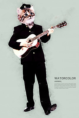 PSD 한마리 교복 연주 일러스트 수채화 들기 사람없음 고양이 기타 번짐 국내일러스트 1 옷 음악 포유류 모션 현악기 반려동물 파일형식 효과