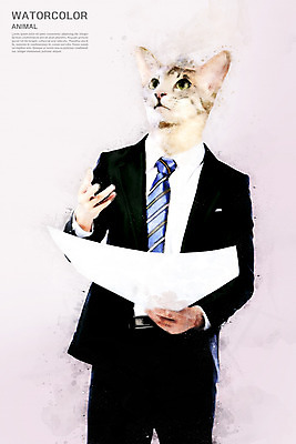 PSD 한마리 종이 일러스트 비즈니스 수채화 들기 정장 상반신 사람없음 고양이 번짐 국내일러스트 1 옷 포유류 모션 반려동물 파일형식 효과