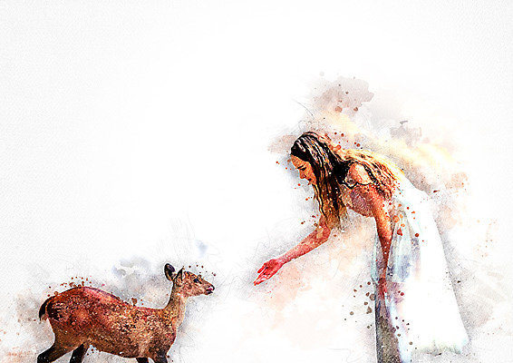 PSD 동물 한마리 여자 일러스트 사슴 수채화 한명 서기 상반신 성인 번짐 교감 성인여자한명만 국내일러스트 1 포유류 모션 사람 여자한명만 성인여자만 파일형식 효과