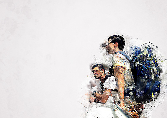 PSD 여자 남자 일러스트 배낭 수채화 서기 들기 상반신 성인 두명 친구 우정 배낭여행 번짐 성인남자만 국내일러스트 여행 가방 관계 모션 사람 남자만 성인만 파일형식 효과