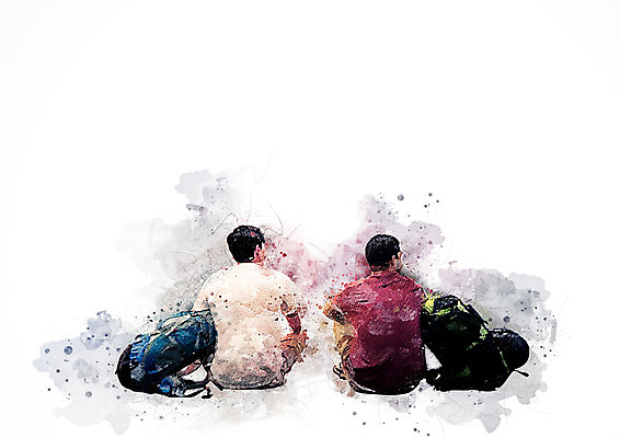 PSD 남자 일러스트 배낭 수채화 앉기 상반신 성인 두명 친구 우정 배낭여행 번짐 성인남자만 국내일러스트 여행 가방 관계 모션 사람 남자만 성인만 파일형식 효과