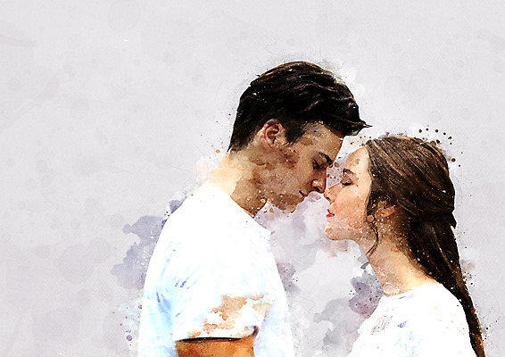 PSD 커플 여자 남자 일러스트 수채화 서기 웃음 상반신 성인 두명 눈감음 기댐 번짐 국내일러스트 관계 모션 표정 사람 파일형식 효과