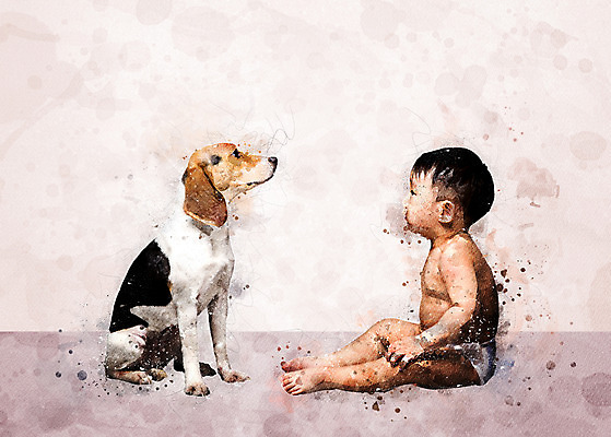 전신 PSD 한마리 응시 남자 일러스트 수채화 한명 앉기 아기 강아지 비글 번짐 남자아기한명만 국내일러스트 1 시선 모션 사람 반려동물 개 남자한명만 남자아기만 파일형식 효과