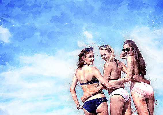 PSD 여자 수영복 일러스트 하늘 수채화 성인 세명 친구 비키니 우정 뒤돌아보기 번짐 성인여자만 국내일러스트 옷 관계 모션 사람 여자만 성인만 파일형식 효과