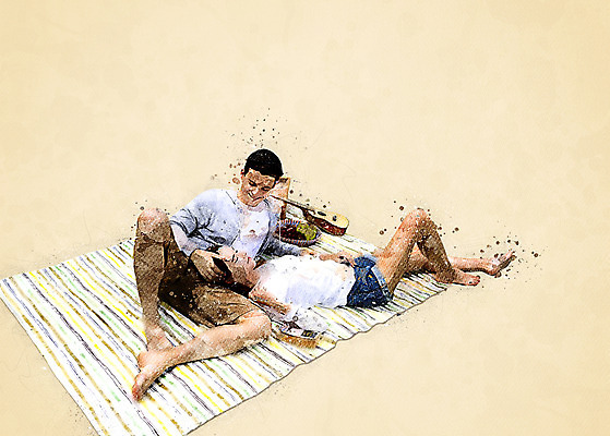 전신 PSD 커플 응시 여자 남자 일러스트 휴식 수채화 웃음 앉기 성인 두명 눕기 소풍 우쿨렐레 돗자리 번짐 국내일러스트 시선 컨셉 관계 모션 현악기 표정 사람 야외활동 파일형식 효과