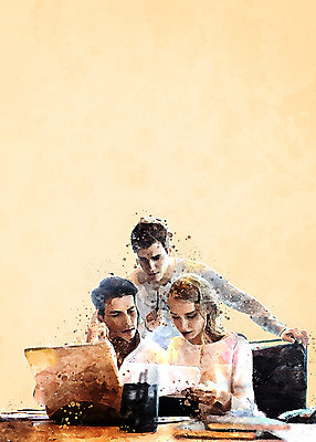 PSD 응시 여자 남자 의자 일러스트 회의 수채화 서기 앉기 상반신 성인 세명 노트북 사무실 번짐 국내일러스트 시선 가구 비즈니스 모션 사람 전자제품 파일형식 효과