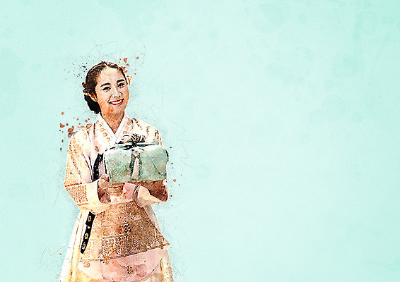 PSD 여자 명절 일러스트 수채화 선물 한명 서기 웃음 들기 상반신 성인 한복 번짐 성인여자한명만 국내일러스트 1 한국전통 전통 기념일 모션 표정 사람 전통의상 여자한명만 성인여자만 파일형식 효과