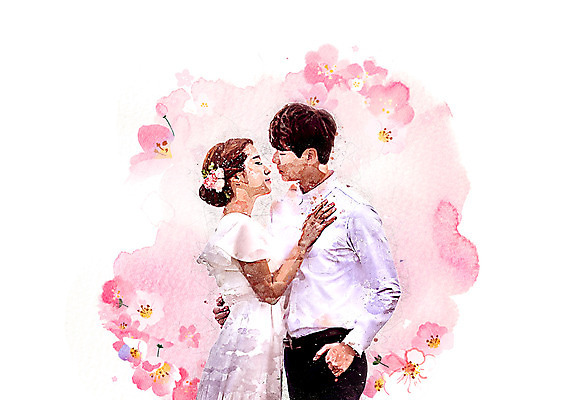 PSD 커플 여자 남자 꽃 일러스트 안기 수채화 키스 서기 상반신 성인 두명 눈감음 번짐 국내일러스트 식물 관계 모션 사람 애정표현 파일형식 효과