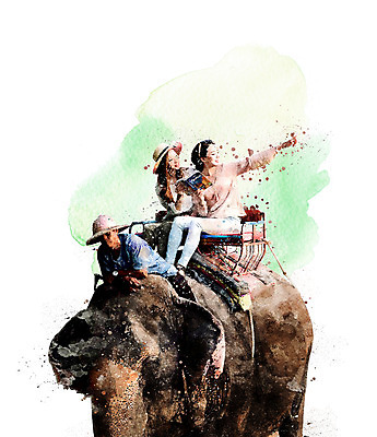 PSD 응시 여자 남자 여행 일러스트 태국 코끼리 수채화 웃음 상반신 성인 세명 가리킴 번짐 코끼리트래킹 국내일러스트 시선 아시아 포유류 표정 사람 손짓 파일형식 효과