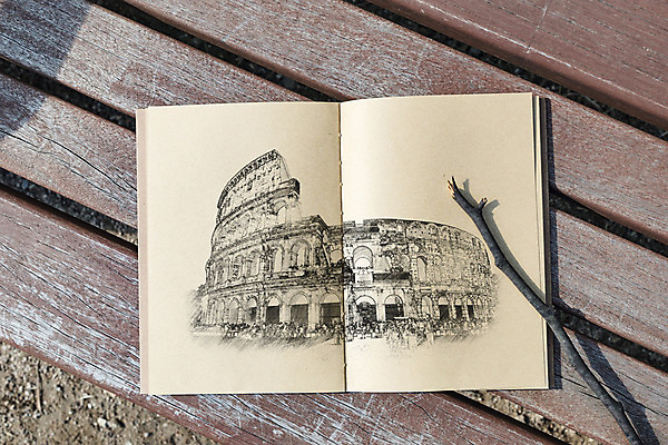 PSD 편집이미지 벤치 사람없음 하이앵글 공책 나뭇가지 스케치 스케치북 콜로세움 드로잉 목업 이미지편집 나무 뷰포인트 의자 문구용품 학용품 미술 로마 파일형식