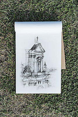 PSD 편집이미지 건축물 잔디 사람없음 하이앵글 공책 스케치 스케치북 드로잉 목업 이미지편집 식물 건축 뷰포인트 문구용품 학용품 미술 파일형식