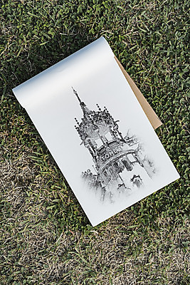 PSD 편집이미지 건축물 잔디 사람없음 하이앵글 공책 스케치 스케치북 드로잉 목업 이미지편집 식물 건축 뷰포인트 문구용품 학용품 미술 파일형식