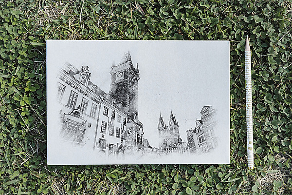 PSD 편집이미지 건축물 잔디 사람없음 하이앵글 연필 공책 스케치 스케치북 드로잉 목업 이미지편집 식물 건축 뷰포인트 문구용품 학용품 미술 필기구 파일형식