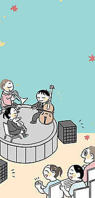 전신 PSD 여자 남자 단풍 연주 일러스트 프레임 여러명 상반신 성인 스피커 공연 가을 나팔 바이올린 첼로 오케스트라 객석 프레임일러스트 국내일러스트 계절 악기 음악 음향기기 다수 잎 현악기 사람 이벤트 악단 파일형식 찰현악기