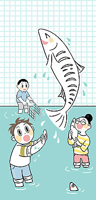 PSD 여자 남자 일러스트 상반신 성인 세명 축제 가을 잡기 체험 그물 연어 국내일러스트 계절 컨셉 모션 어류 사람 파일형식