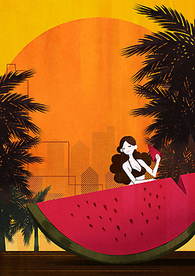 PSD 여자 일러스트 휴식 수박 한명 상반신 성인 야자수 노을 먹기 홀리데이 국내일러스트 자연요소 나무 1 컨셉 과일 모션 휴가 사람 파일형식