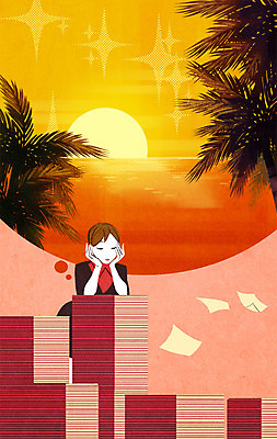 PSD 여자 바다 생각 일러스트 상상 휴식 한명 상반신 성인 야자수 노을 비즈니스우먼 서류더미 홀리데이 국내일러스트 자연요소 나무 1 컨셉 비즈니스 휴가 사람 직장인 문서 파일형식 더미