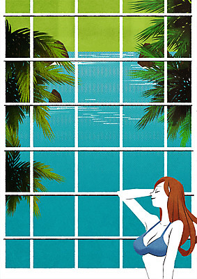 PSD 여자 수영복 바다 일러스트 창문 휴식 한명 상반신 성인 야자수 휴양지 홀리데이 국내일러스트 나무 1 옷 컨셉 휴가 사람 장소 파일형식