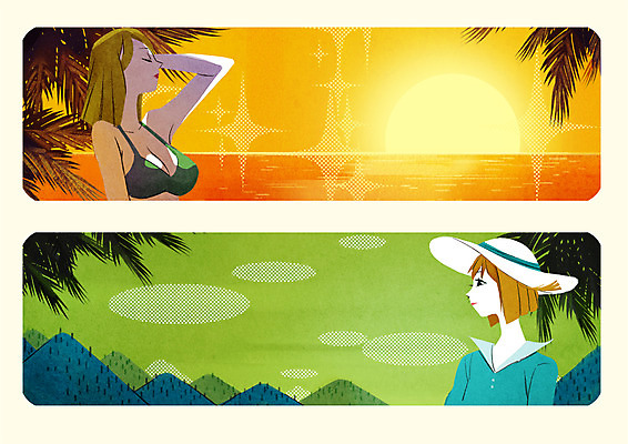 PSD 여자 수영복 바다 일러스트 휴식 산 상반신 성인 해변 두명 야자수 노을 홀리데이 국내일러스트 자연요소 나무 옷 컨셉 휴가 사람 파일형식