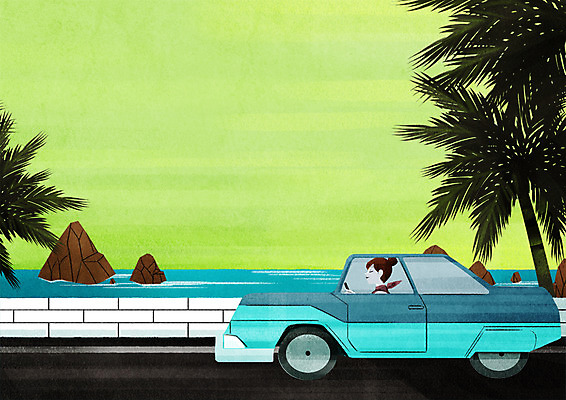 PSD 여자 바다 일러스트 자동차 휴식 한명 상반신 성인 해변 야자수 드라이브 홀리데이 국내일러스트 나무 1 육상교통 컨셉 휴가 사람 운전 파일형식