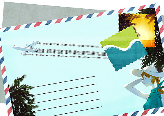 PSD 여자 바다 일러스트 하늘 휴식 비행기 프레임 한명 상반신 성인 해변 야자수 노을 편지 우표 프레임일러스트 홀리데이 국내일러스트 자연요소 나무 1 컨셉 항공교통 휴가 대중교통 사람 파일형식