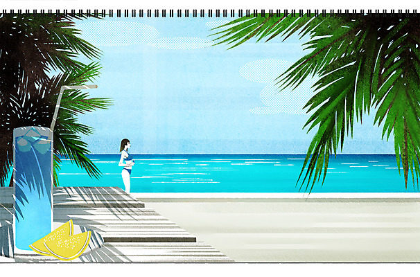 PSD 여자 수영복 음료 바다 일러스트 휴식 한명 상반신 성인 해변 야자수 레몬 홀리데이 국내일러스트 나무 1 옷 컨셉 과일 휴가 사람 파일형식