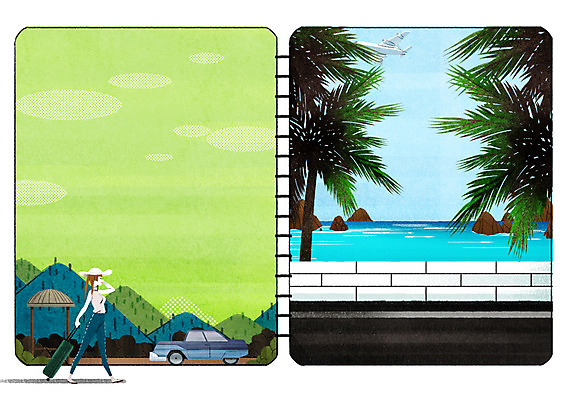 전신 PSD 여자 도로 바다 일러스트 자동차 휴식 산 한명 성인 야자수 캐리어 원두막 홀리데이 국내일러스트 나무 1 길 육상교통 컨셉 교통시설 휴가 사람 여행가방 파일형식