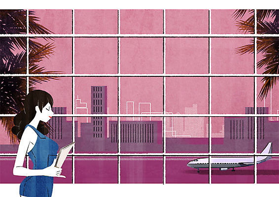 PSD 여자 일러스트 창문 휴식 비행기 한명 상반신 성인 건물 야자수 공항 홀리데이 국내일러스트 나무 1 건축물 컨셉 항공교통 교통시설 휴가 대중교통 사람 파일형식