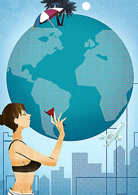 PSD 여자 지구 일러스트 표시 휴식 비행기 한명 들기 상반신 성인 야자수 태양 깃발 도시 파라솔 홀리데이 국내일러스트 자연요소 나무 1 컨셉 항공교통 모션 휴가 대중교통 사람 파일형식