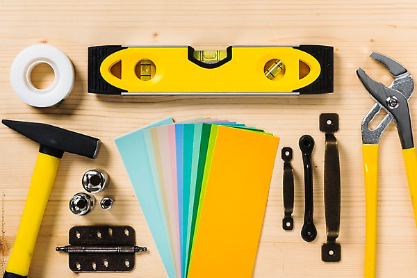 포토 JPG 사람없음 인테리어 하이앵글 공구 스패너 망치 테이프 문고리 DIY 색지 셀프 수평계 국내포토 컬러칩 디자인 종이 뷰포인트 문구용품 취미 문 도구 파일형식