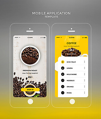 PSD 템플릿 커피 웹템플릿 디자인시안 모바일 사람없음 스마트폰 홈페이지 노란색 원두 어플리케이션 커피잔 모바일템플릿 모바일앱 이미지템플릿 음료 컬러 잔 핸드폰 스마트기기 파일형식