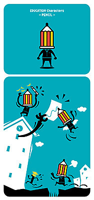 캐릭터 종이 일러스트 사람없음 건물 달리기 연필 점프 칼 사물캐릭터 일러캐릭터 AI파일 건축물 모션 학용품 필기구 파일형식 벡터