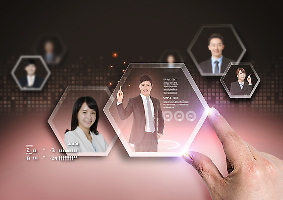 PSD 편집 편집이미지 손 여자 남자 한손 웃음 여러명 상반신 20대 성인 신체부위 한국인 비즈니스맨 비즈니스우먼 육각형 홀로그램 성인만 이미지편집 도형 다수 비즈니스 표정 사람 동양인 청년 직장인 파일형식