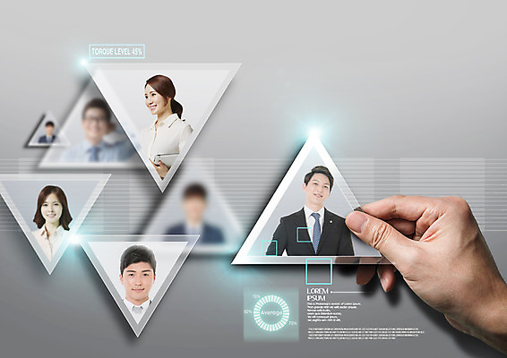 PSD 편집 편집이미지 손 여자 남자 한손 웃음 여러명 상반신 20대 성인 신체부위 30대 한국인 잡기 비즈니스맨 비즈니스우먼 삼각형 홀로그램 성인만 이미지편집 도형 다수 비즈니스 모션 표정 사람 동양인 청년 장년 직장인 파일형식