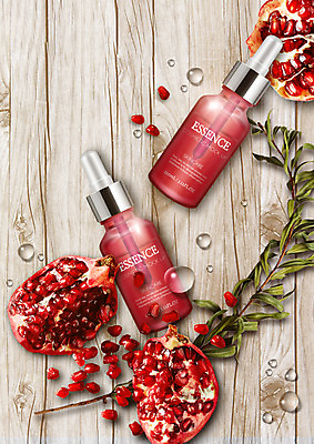 PSD 편집 편집이미지 잎 과일 사람없음 빨간색 뷰티 화장품 물방울 나뭇가지 석류 에센스 나무배경 이미지편집 나무 식물 컬러 백그라운드 파일형식