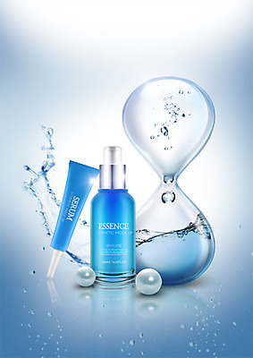 PSD 편집 편집이미지 하늘색 사람없음 뷰티 화장품 수분 모래시계 진주 에센스 튜브용기 스플래쉬 세럼 이미지편집 모래 시계 파란색 용기_그릇 보석 파일형식