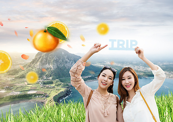 PSD 구름 편집 편집이미지 여자 음식 바다 여행 오렌지 하늘 산 상반신 20대 성인 두명 친구 한국인 성인여자만 이미지편집 자연요소 과일 관계 사람 동양인 청년 여자만 성인만 파일형식