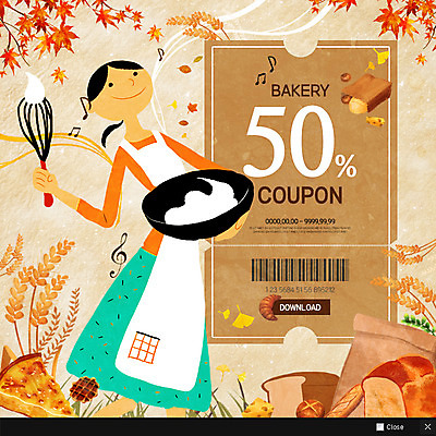 PSD 템플릿 여자 빵 웹템플릿 단풍 팝업 이벤트팝업 웹팝업 한명 이벤트 상반신 성인 세일 쿠폰 생크림 이미지템플릿 1 음식 잎 사람 크림 파일형식