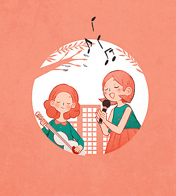 PSD 나무 여자 문화 음악 연주 일러스트 노래 상반신 성인 두명 기타 우쿨렐레 마이크 길거리공연 문화생활 국내일러스트 식물 라이프스타일 음향기기 현악기 문화예술 사람 공연 파일형식