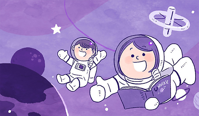 전신 PSD 여자 남자 어린이 일러스트 프레임 두명 책 우주 행성 우주비행사 우주복 장래희망 노력 우주정거장 프레임일러스트 국내일러스트 옷 사람 파일형식