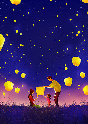 PSD 여자 남자 어린이 일러스트 가족 풍경 상반신 성인 세명 축제 가을 야간 풍등 국내일러스트 자연요소 계절 관계 조명 사람 파일형식