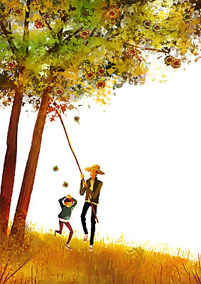 전신 PSD 남자 아들 어린이 일러스트 들기 풍경 성인 두명 축제 가을 아빠 밤송이 밤나무 나무막대기 국내일러스트 나무 계절 가족 모션 사람 막대기 밤_견과류 파일형식