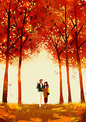 전신 PSD 커플 여자 남자 길 단풍 일러스트 단풍나무 풍경 성인 두명 축제 가을 숲 국내일러스트 나무 계절 잎 관계 사람 파일형식