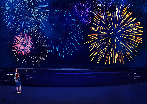 전신 PSD 커플 여자 남자 바다 일러스트 불꽃놀이 풍경 성인 두명 축제 가을 야간 국내일러스트 자연요소 계절 관계 놀이 사람 파일형식