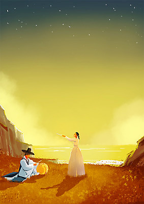 PSD 여자 남자 바다 일러스트 풍경 성인 두명 노을 축제 절벽 가을 고수 북 소리꾼 아리랑 판소리 국내일러스트 자연요소 계절 타악기 사람 전통공연 향신료 파일형식