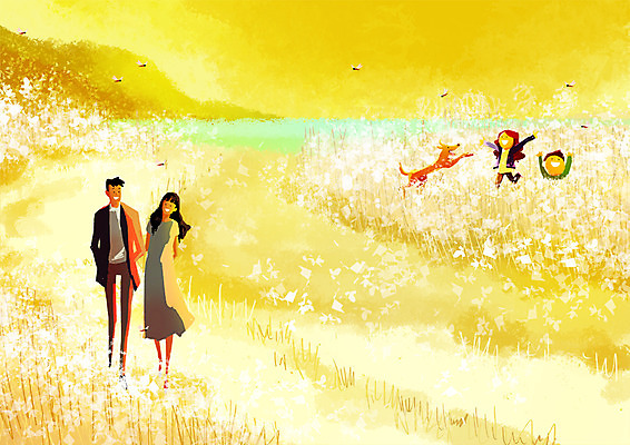 PSD 한마리 커플 여자 남자 어린이 일러스트 갈대 풍경 여러명 성인 축제 가을 강아지 국내일러스트 식물 1 계절 다수 관계 사람 반려동물 개 파일형식