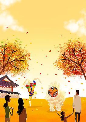 PSD 여자 남자 어린이 일러스트 단풍나무 한옥 풍경 여러명 상반신 성인 축제 가을 탈춤 전통무용 국내일러스트 나무 한국전통 전통 계절 다수 단풍 고건축 사람 춤 전통공연 파일형식