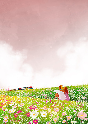 PSD 커플 여자 남자 꽃밭 일러스트 풍경 성인 두명 축제 기차 가을 코스모스 국내일러스트 계절 꽃 육상교통 관계 대중교통 사람 파일형식